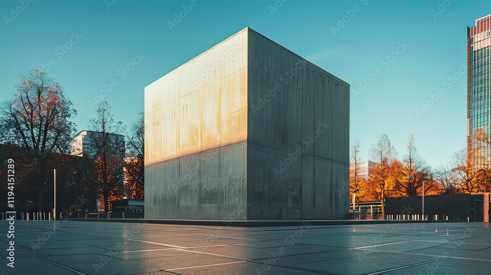 Poster a modern cube-shaped structure standing out in an urban setting.