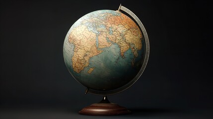 Globe of the Earth on a wooden table against the background of bookshelves with space for text or inscriptions in a dark room