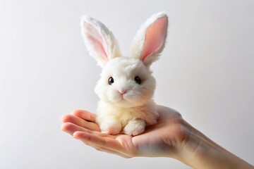 Obraz premium Adorable Soft Toy Rabbit in Hand, Isolated on White Background - Perfect for Children's Product Photography