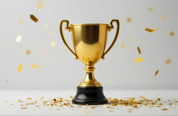 gold winners sports cup on festive white background with confetti, sport competition, champion games