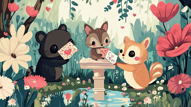 Adorable Animals exchanging Valentine's Day cards in a whimsical garden.