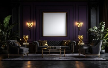 Luxurious dark purple living room interior mockup