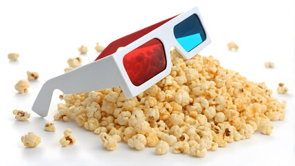 Obraz premium 3D glasses resting on a pile of popcorn.