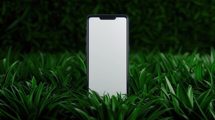Blank smartphone displayed on greenery background.