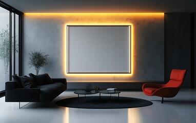 Fototapeta premium Modern living room, backlit artwork, city view, relaxing ambiance, interior design mockup