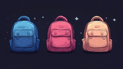Colorful Collection of Three Cartoon-Style Backpacks in Blue, Pink, and Orange with Sparkling Star Background Ideal for Educational and Creative Themes