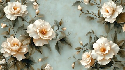Elegant gardenias intertwined with delicate vines forming intricate floral spirals, soft pastel tones of white, sage green, and cream, vintage-inspired seamless pattern, symmetrical design,