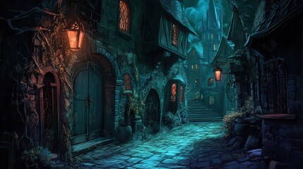 Fototapeta premium A dark, atmospheric alleyway lined with lanterns and old buildings, evoking a sense of mystery.