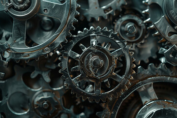 This close-up image captures the intricate and detailed design of interlocking metal gears seamlessly meshing together. Perfect for illustrating machinery, engineering, or industrial themes.