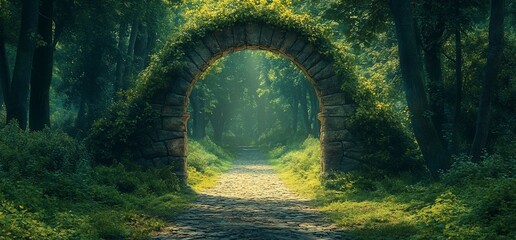 Obraz premium Stone archway in a lush green forest.