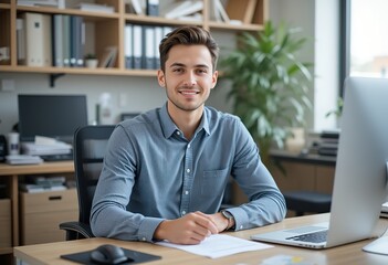 Obraz premium Portrait of young man sitting at his desk in the office, HD image
