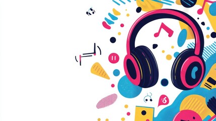 Obraz premium Vibrant and Playful Music-Themed Illustration Featuring Headphones, Colorful Shapes, and Musical Notes Ideal for Creative Projects and Representations of Sound