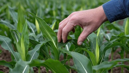 Farmer Gently Touches Vibrant Green Corn Leaves in a Lush Field, Displaying Agricultural Growth and Crop Health