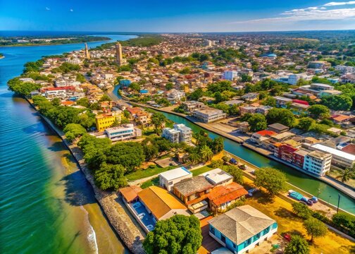 Aerial View of Banjul, Gambia: Cityscape, River Gambia, Buildings, Coastline
