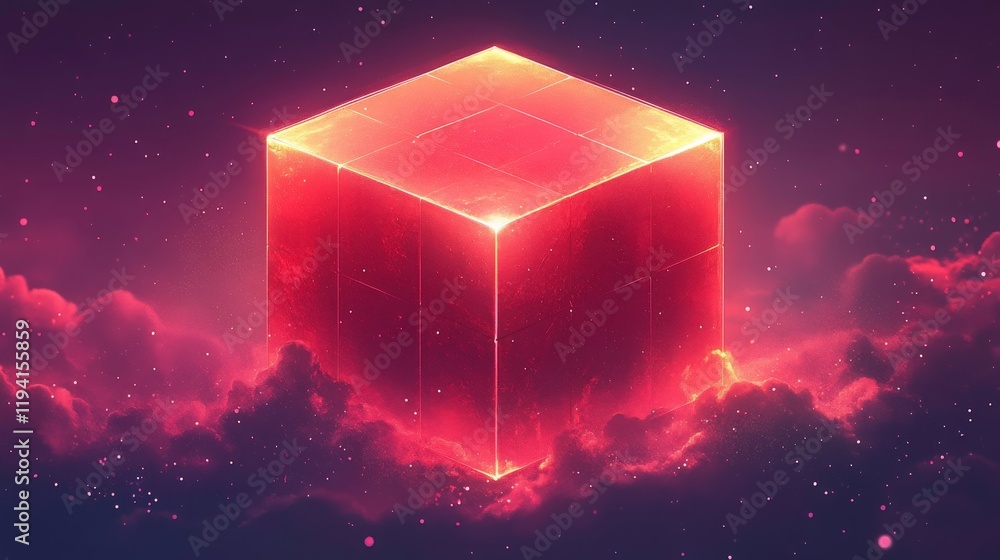 Poster glowing red cube floating in ethereal clouds against a cosmic background, perfect for abstract artwo