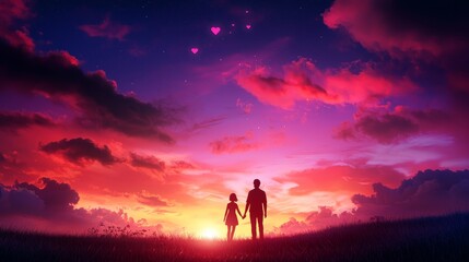 Obraz premium A couple holding hands on a dreamy cloudscape, heart-shaped stars glowing in the sky, surreal, pastel colors, 3D render
