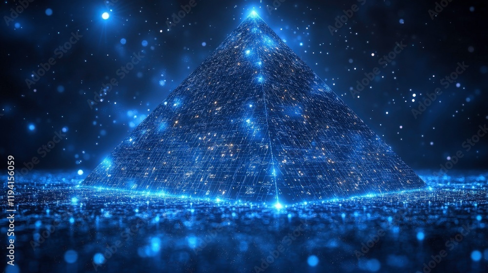 Poster illuminated blue pyramid surrounded by sparkling particles and shimmering light effects, creating a 