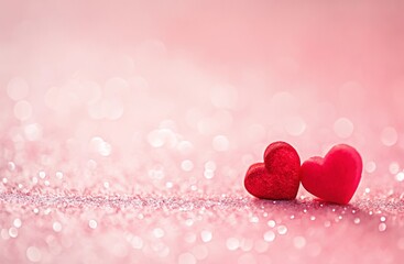 Romantic Pink Glitter Background with Two Red Hearts