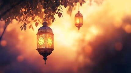 Obraz premium one hanging Islamic lanterns on a blurry light background. it will be on the left side of the artboard