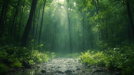 Fototapeta premium Sunbeams pierce through lush green forest, illuminating a tranquil stream path.