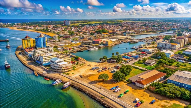 Aerial View of Cotonou, Benin: Coastal Townscape with Copy Space