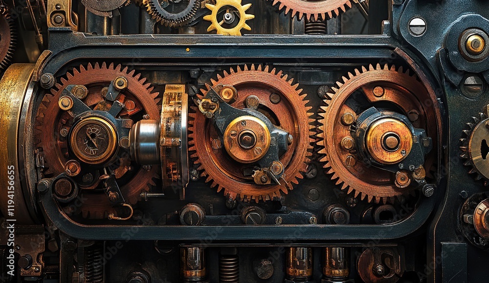 Poster intricate gear system: rotating cogs interlock precisely in complex machine, showcasing industrial c