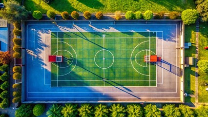 Obraz premium Aerial View of Outdoor Basketball Court Border, Asphalt Lines, Sunny Day