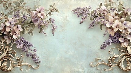 Ornate scrollwork framing bouquets of violets and lavender, soft pastel palette of lilac, blush, and mint green, 1950s-inspired seamless wallpaper style, intricate details, aged texture effect,