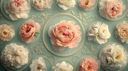 Peonies and roses arranged in ornate circular medallions, muted retro hues of blush, cream, and sage green, vintage 1950s wallpaper style, intricate floral symmetry, seamless repeating pattern,