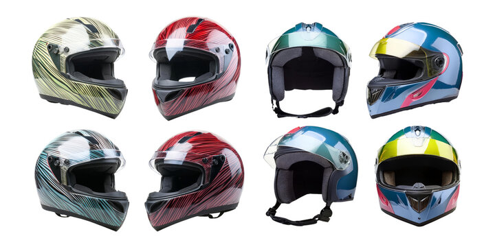 Variety of Stylish Racing Helmets for Track Events, PNG collection, set bundle, isolate on transparent or white background