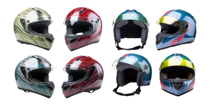 Variety of Stylish Racing Helmets for Track Events, PNG collection, set bundle, isolate on transparent or white background