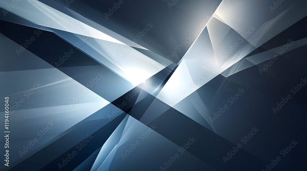 Poster a futuristic high-contrast abstract featuring sharp geometric forms illuminated in radiant white and