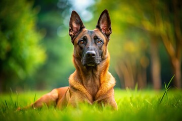 Naklejka premium Alert Belgian Malinois Dog Portrait, Summer Grass Background, High Depth of Field
