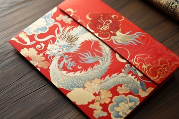 A modern design for envelopes featuring dragons and Asian floral accents in a balanced red-and-gold palette.