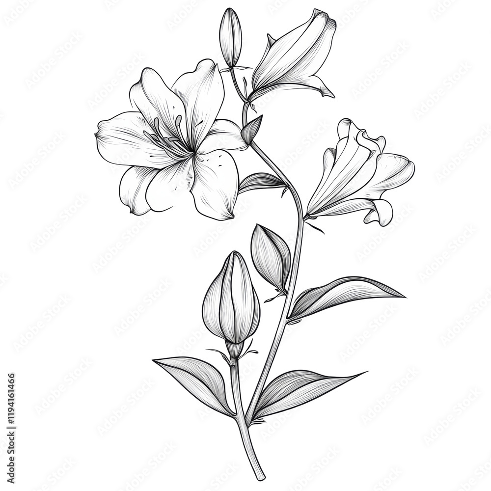 Aufkleber a detailed line drawing depicts a lily flower stem with blossoms, buds, and leaves in a graceful com