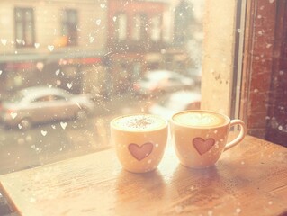Fototapeta premium Artistic love-themed coffee cups in a cozy cafe, heart foam on top, sunlight filtering through a window, warm pastel tones