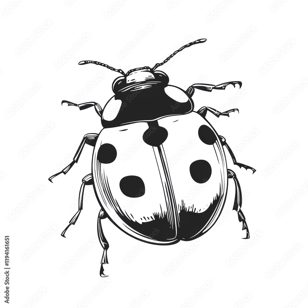 Poster a detailed black and white line drawing depicts a ladybug viewed from above showcasing its intricate