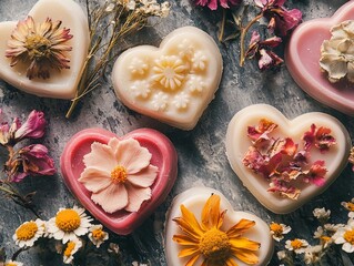 Artistic photo of hand-crafted Valentine's soap bars in floral shapes, styled with dried flowers
