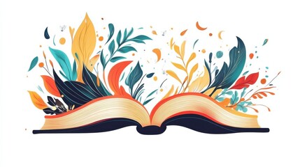 Obraz premium A Vibrant Illustration of an Open Book Surrounded by Colorful Leaves, Flowers, and Artistic Elements, Symbolizing Knowledge, Imagination, and Nature's Beauty