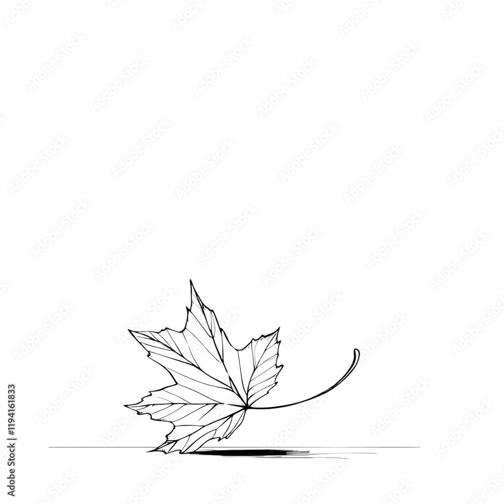 Poster a minimalist line drawing of a single maple leaf falling against a black background.
