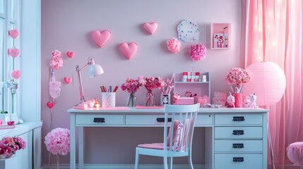 Chic Valentine's office decor featuring subtle heart-shaped accents, flowers on desks, and festive pastel colors
