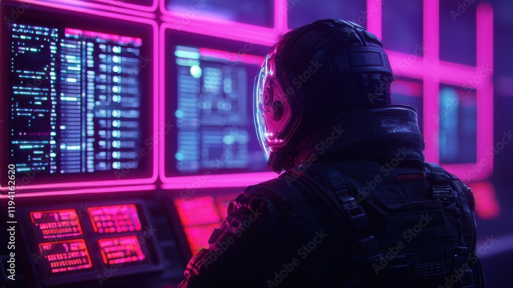 Poster astronaut analyzing data in neon control room futuristic environment sci-fi concept digital display