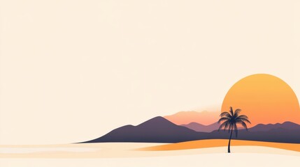 Serene Sunset Landscape with Palm Tree, Rolling Mountains and Soft Sandy Shore Under Vibrant Golden Sun, Perfect for Relaxation and Tropical Themes