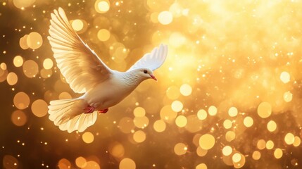 Fototapeta premium Serene White Dove of Peace in Golden Sky - Religious Greeting Card Concept