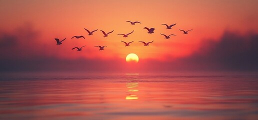 Naklejka premium Sunset over calm ocean with flock of birds flying.