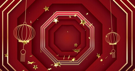 Fototapeta premium Image of chinese traditional decorations and stars on red background