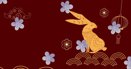 Image of chinese traditional decorations with rabbit on red background