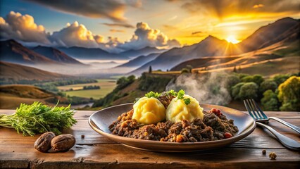 Authentic Scottish Haggis with Highland Scenery - Traditional Meal