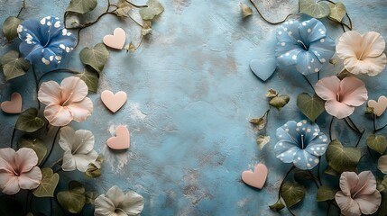 Fototapeta premium Stylized morning glories with delicate vines encircling polka dot hearts, a muted color palette of baby blue, cream, and blush pink, retro art deco style, aged paper texture, soft lighting,