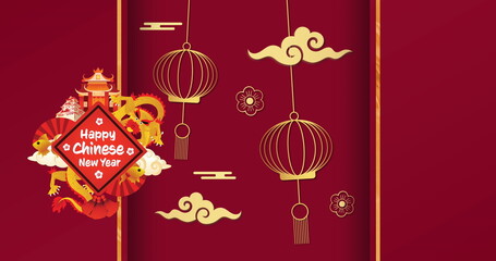 Naklejka premium Image of new year greetings text and chinese traditional decorations on red background